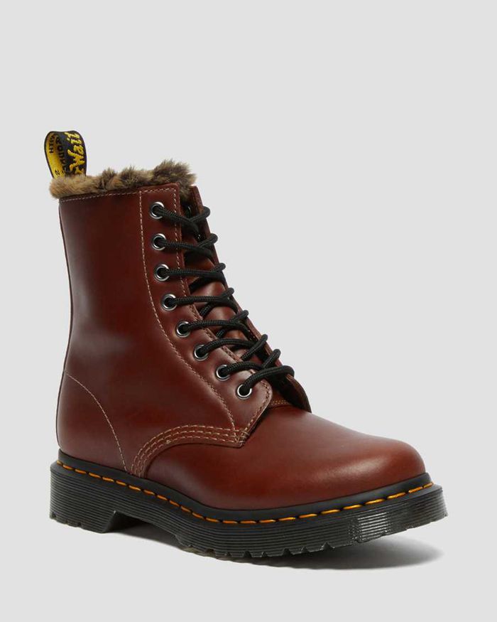 Dr Martens Womens 1460 Serena Faux Fur Lined Lace Up Ankle Boots Brown - 89612YIBP